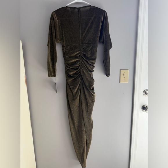 Alexa B Womens Gold Mesh Ruched Asymmetrical Maxi V Neck New Dress 4 Glam Party - Picture 8 of 10
